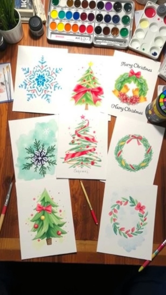 Creative Watercolor Christmas Card Ideas A display of colorful watercolor Christmas cards with festive designs on a wooden table.